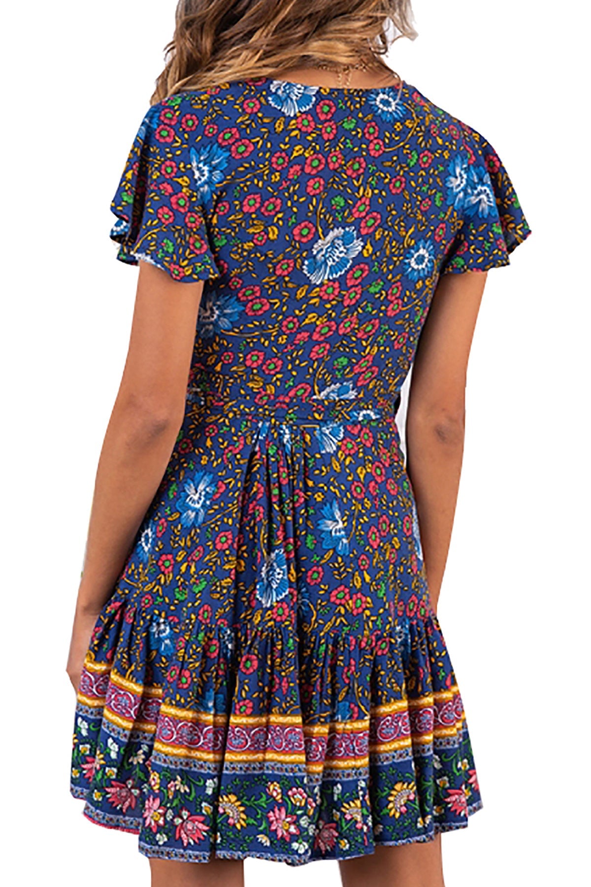 Short-Sleeved V-Neck Printed Beach Dress