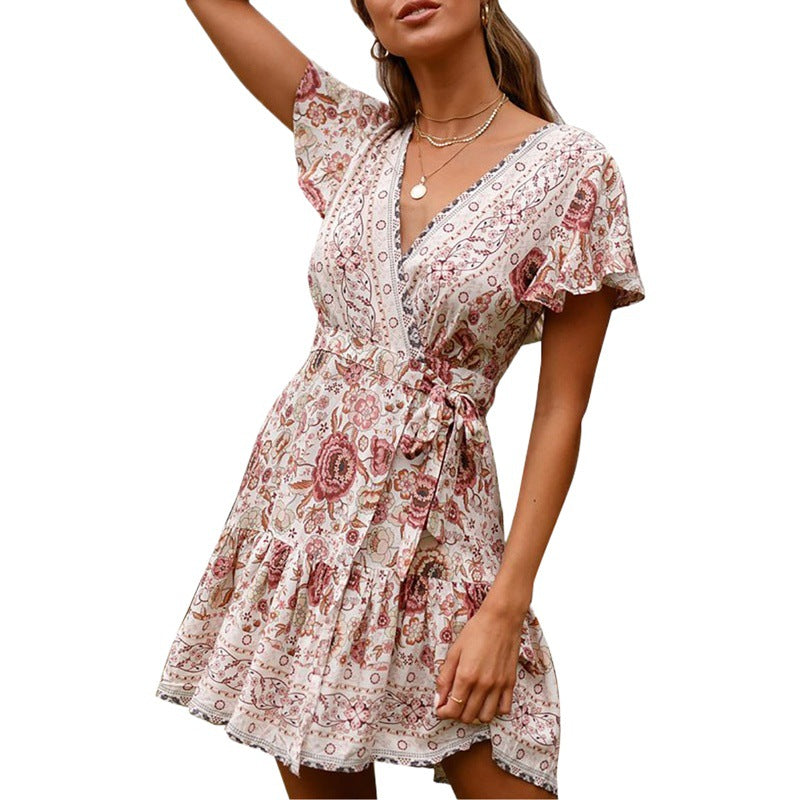 Short-Sleeved V-Neck Printed Beach Dress