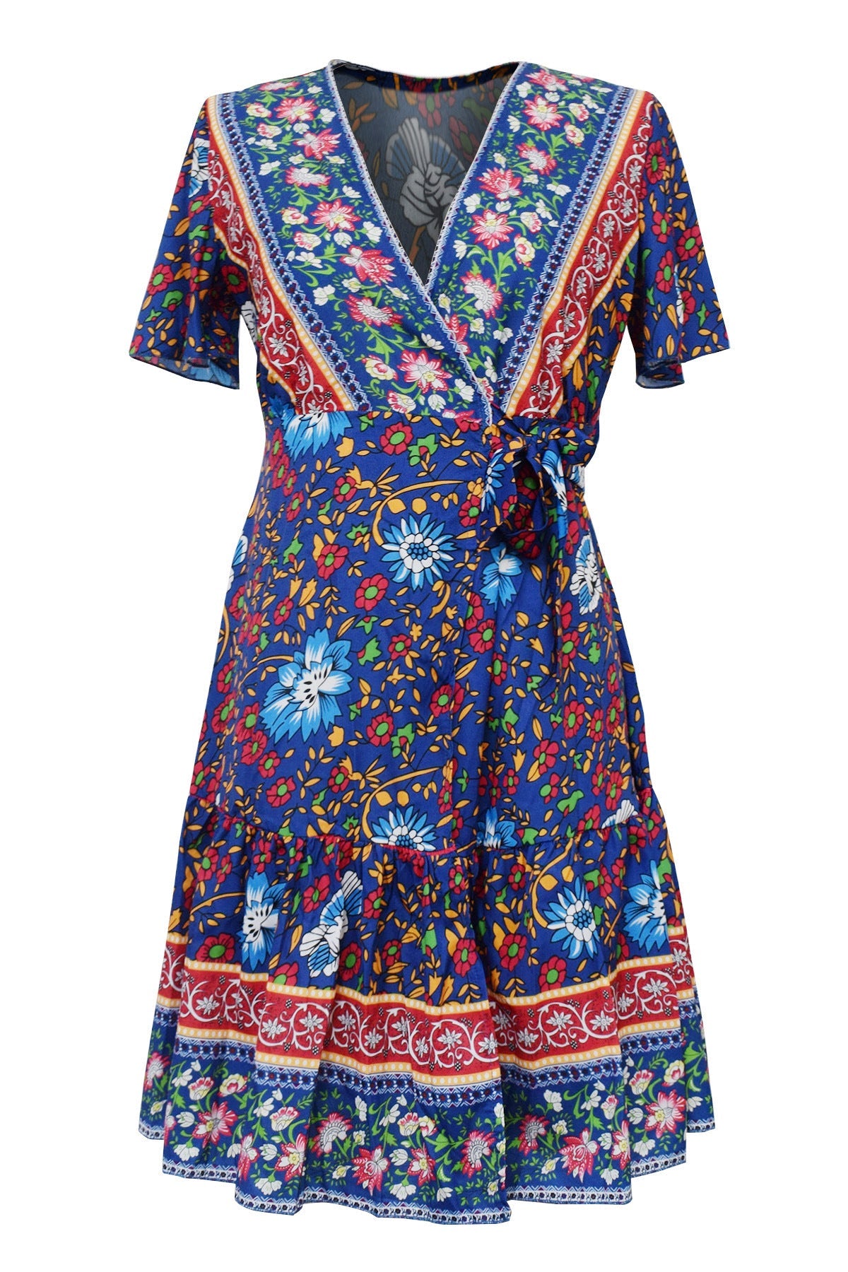 Short-Sleeved V-Neck Printed Beach Dress