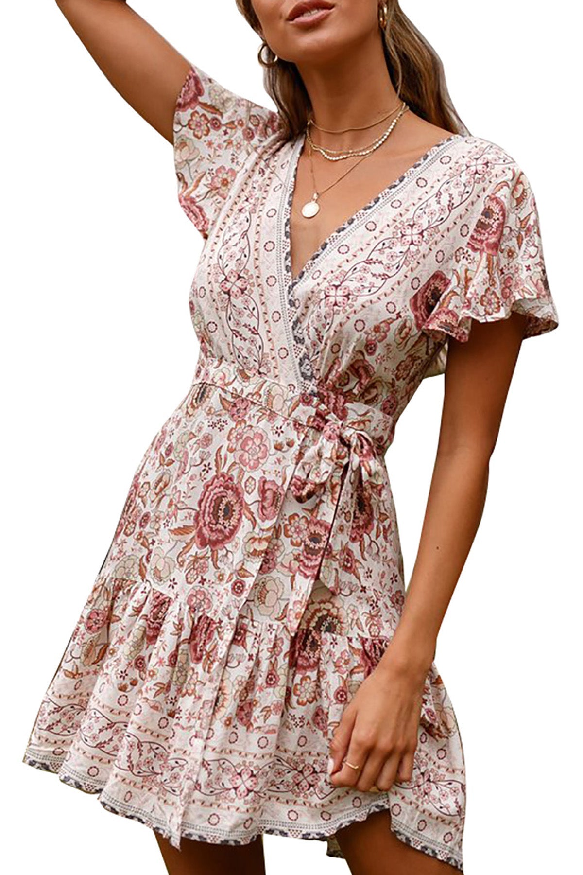 Short-Sleeved V-Neck Printed Beach Dress
