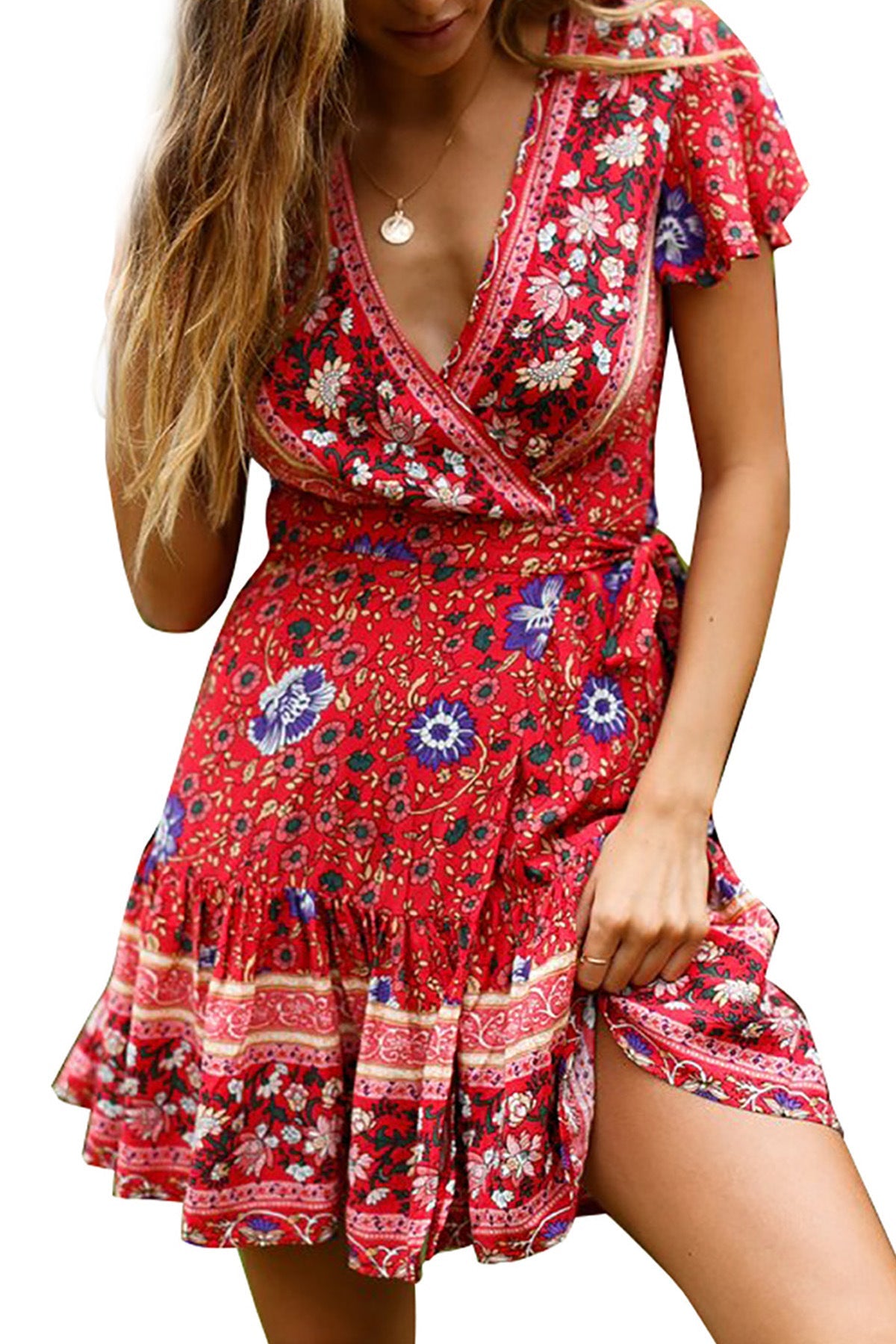 Short-Sleeved V-Neck Printed Beach Dress