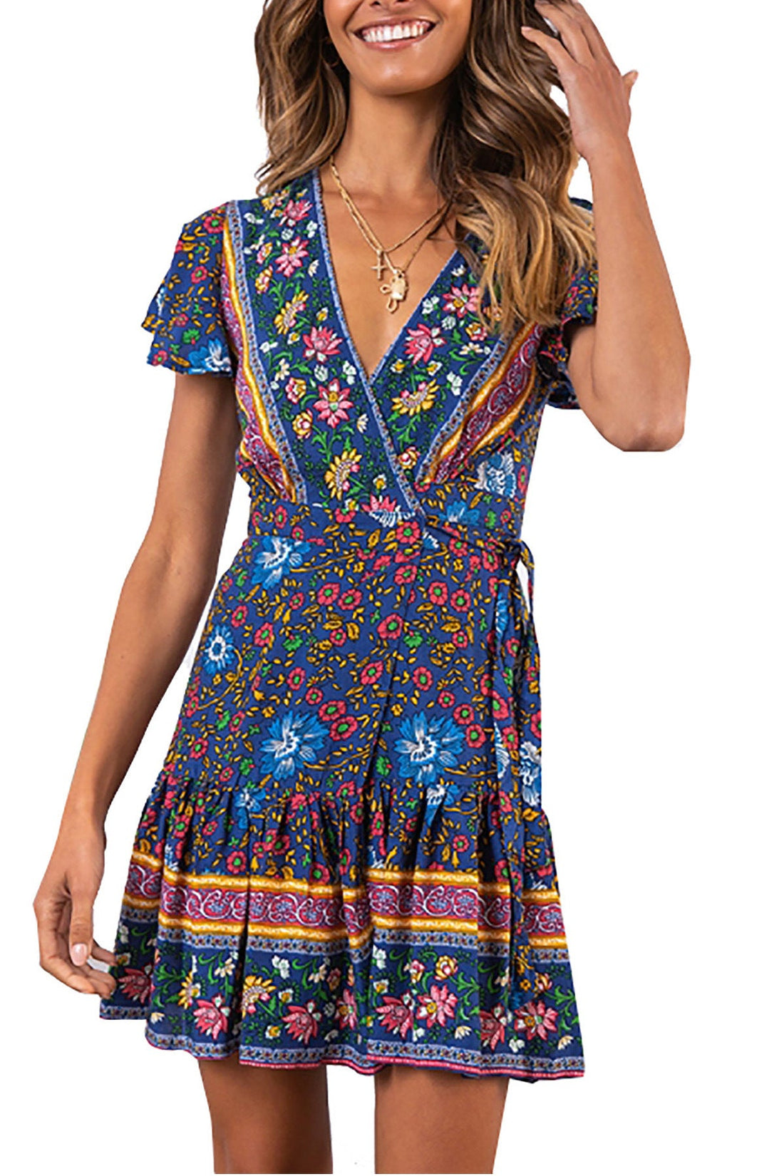 Short-Sleeved V-Neck Printed Beach Dress
