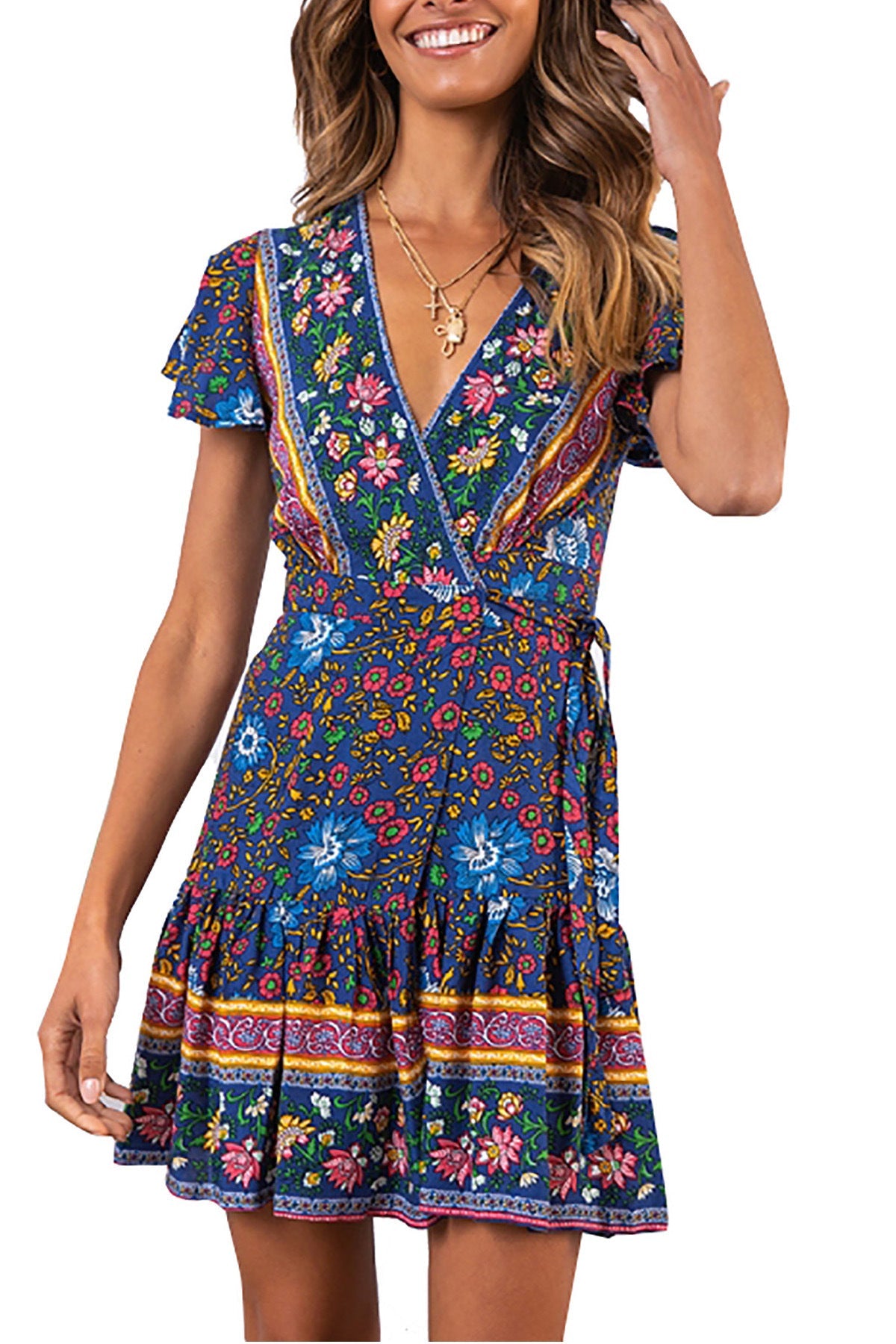 Short-Sleeved V-Neck Printed Beach Dress