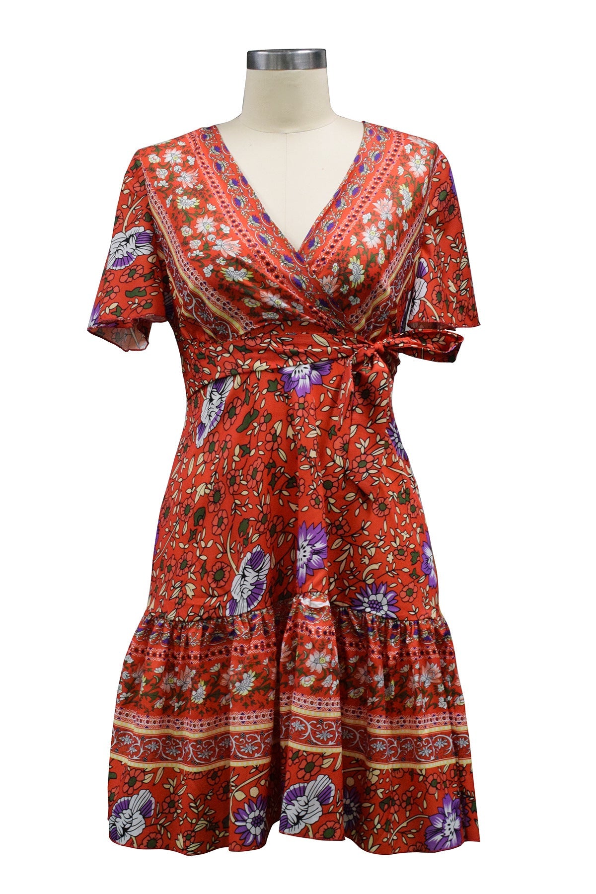 Short-Sleeved V-Neck Printed Beach Dress