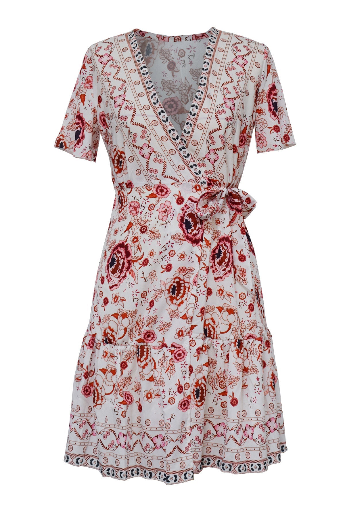 Short-Sleeved V-Neck Printed Beach Dress